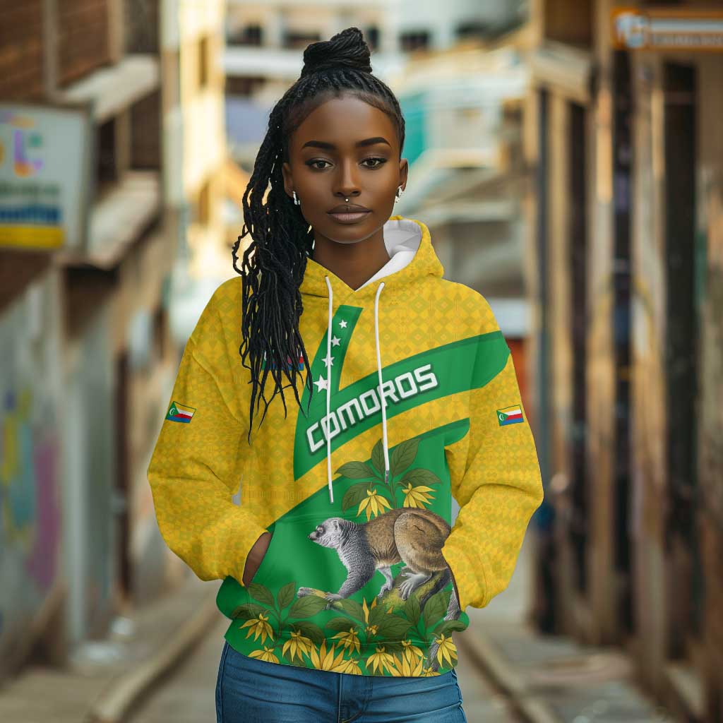 Comoros Hoodie - National Flag Lemur Design and Ylang Ylang Flower Pattern