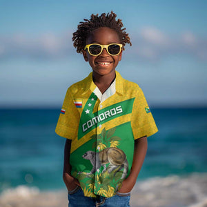 Comoros Kid Hawaiian Shirt - National Flag Lemur Design and Ylang Ylang Flower Pattern