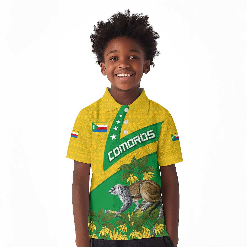 Comoros Kid Polo Shirt - National Flag Lemur Design and Ylang Ylang Flower Pattern
