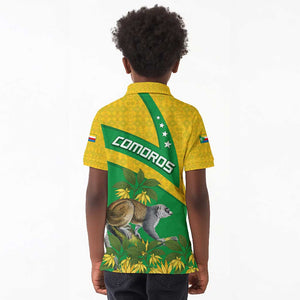 Comoros Kid Polo Shirt - National Flag Lemur Design and Ylang Ylang Flower Pattern