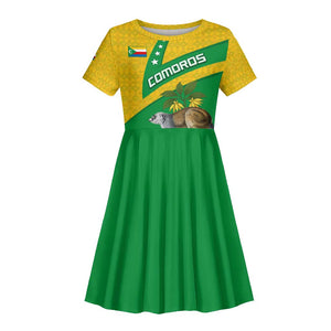 Comoros Kid Short Sleeve Dress - National Flag Lemur Design and Ylang Ylang Flower Pattern