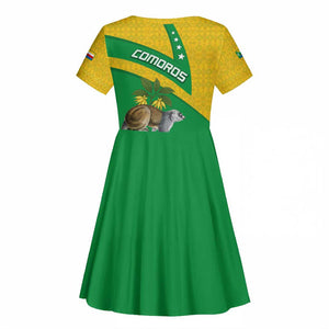 Comoros Kid Short Sleeve Dress - National Flag Lemur Design and Ylang Ylang Flower Pattern