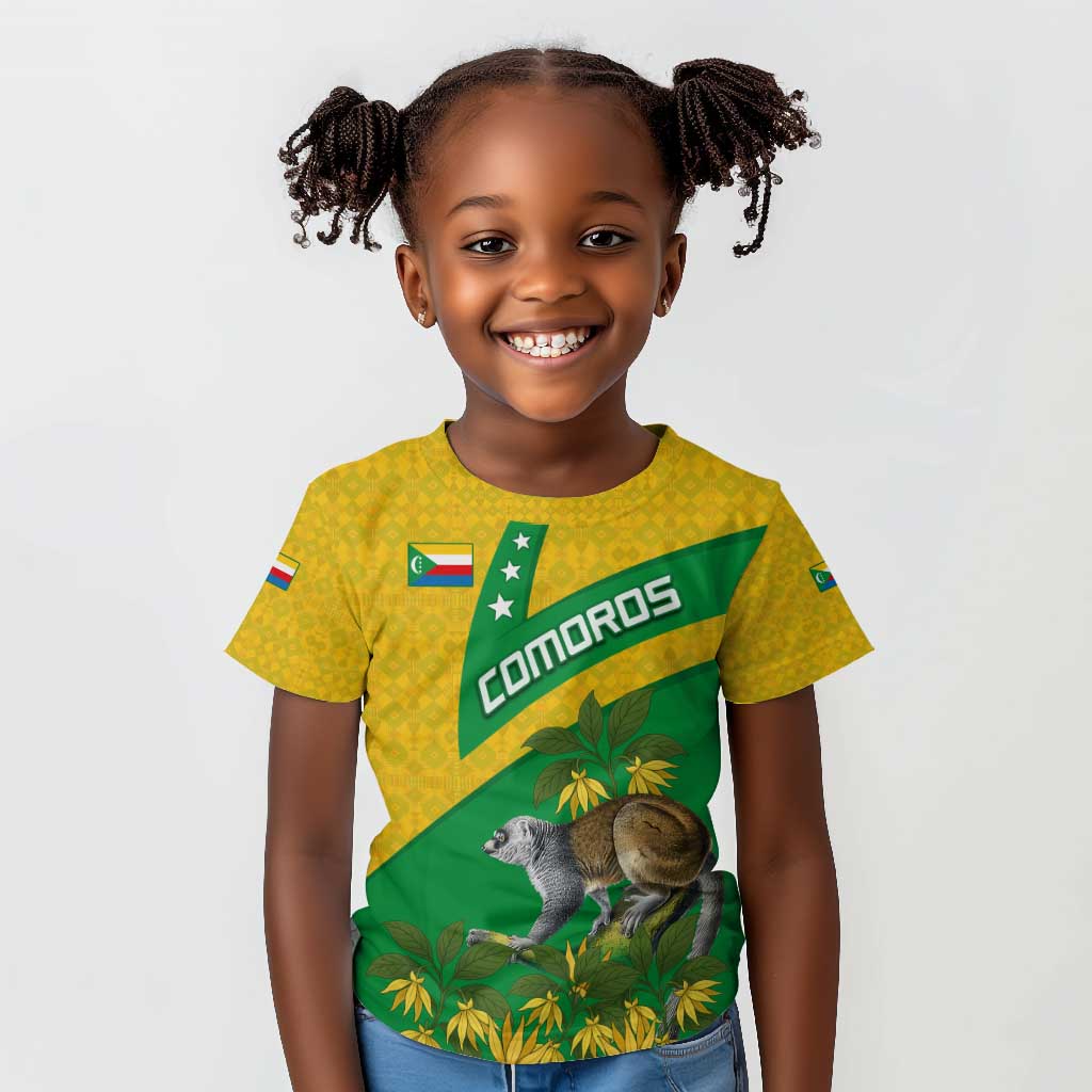Comoros Kid T shirt - National Flag Lemur Design and Ylang Ylang Flower Pattern