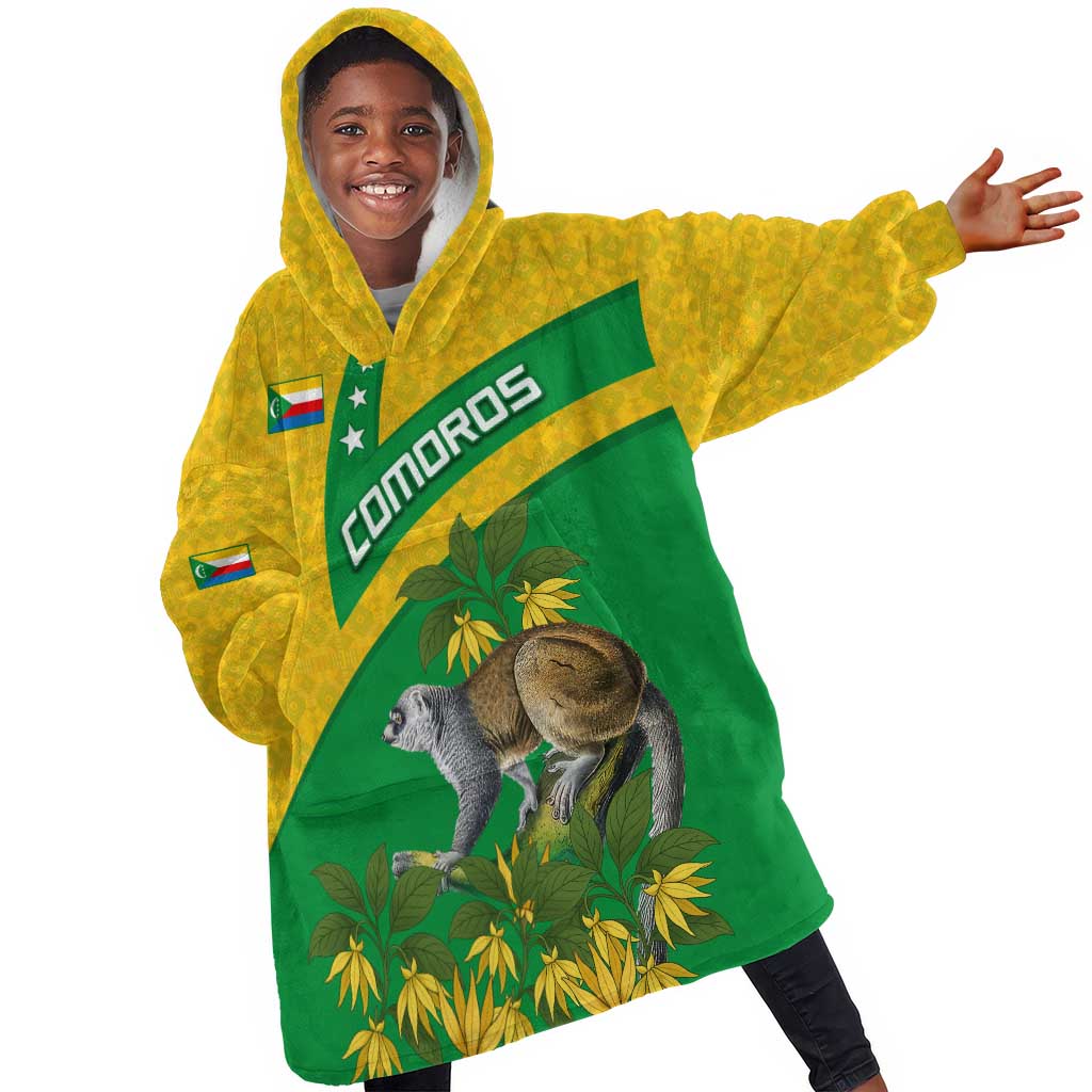 Comoros Kid Wearable Blanket Hoodie - National Flag Lemur Design and Ylang Ylang Flower Pattern