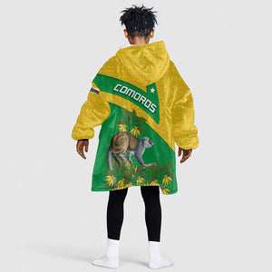Comoros Kid Wearable Blanket Hoodie - National Flag Lemur Design and Ylang Ylang Flower Pattern
