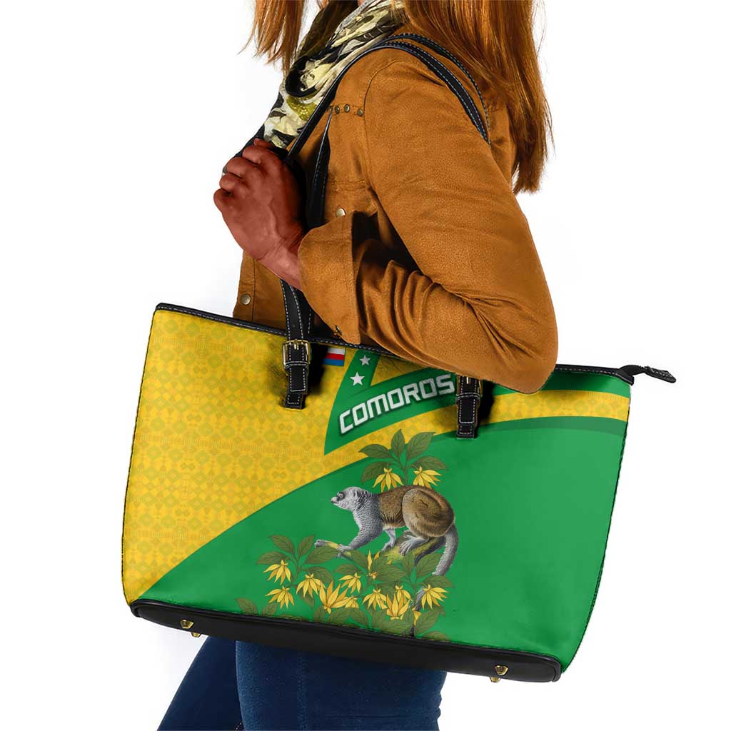 Comoros Leather Tote Bag - National Flag Lemur Design and Ylang Ylang Flower Pattern