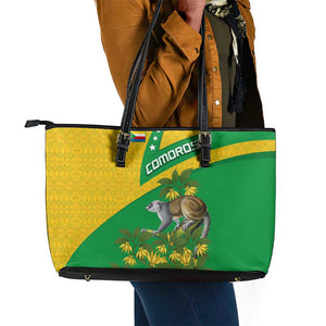 Comoros Leather Tote Bag - National Flag Lemur Design and Ylang Ylang Flower Pattern