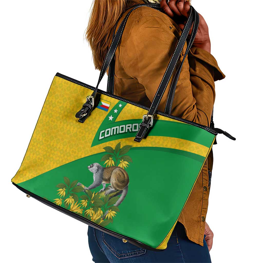 Comoros Leather Tote Bag - National Flag Lemur Design and Ylang Ylang Flower Pattern