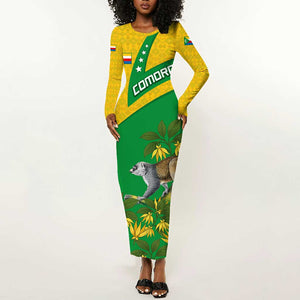 Comoros Long Sleeve Bodycon Dress - National Flag Lemur Design and Ylang Ylang Flower Pattern TS04