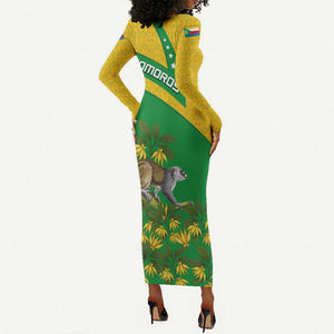 Comoros Long Sleeve Bodycon Dress - National Flag Lemur Design and Ylang Ylang Flower Pattern TS04