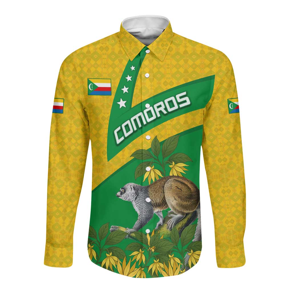 Comoros Long Sleeve Button Shirt - National Flag Lemur Design and Ylang Ylang Flower Pattern