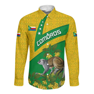 Comoros Long Sleeve Button Shirt - National Flag Lemur Design and Ylang Ylang Flower Pattern