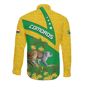 Comoros Long Sleeve Button Shirt - National Flag Lemur Design and Ylang Ylang Flower Pattern