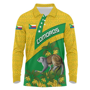 Comoros Long Sleeve Polo Shirt - National Flag Lemur Design and Ylang Ylang Flower Pattern