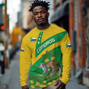 Comoros Long Sleeve Shirt - National Flag Lemur Design and Ylang Ylang Flower Pattern