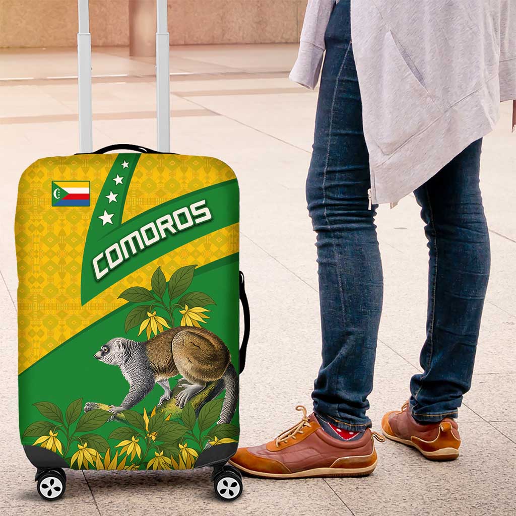 Comoros Luggage Cover - National Flag Lemur Design and Ylang Ylang Flower Pattern