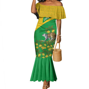 Comoros Mermaid Dress - National Flag Lemur Design and Ylang Ylang Flower Pattern