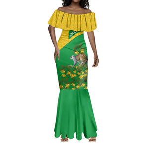 Comoros Mermaid Dress - National Flag Lemur Design and Ylang Ylang Flower Pattern