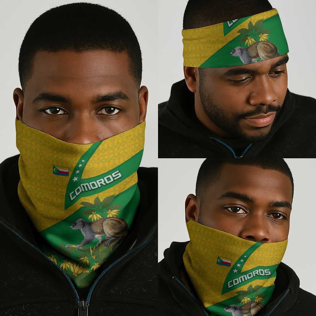 Comoros Neck Gaiter - National Flag Lemur Design and Ylang Ylang Flower Pattern - African Pride