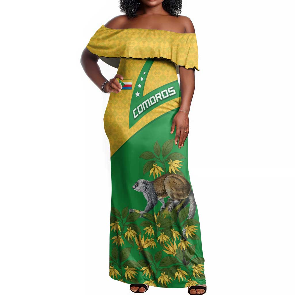 Comoros Off Shoulder Maxi Dress - National Flag Lemur Design and Ylang Ylang Flower Pattern
