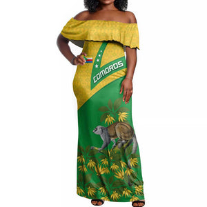 Comoros Off Shoulder Maxi Dress - National Flag Lemur Design and Ylang Ylang Flower Pattern