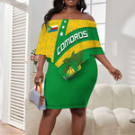 Comoros Off Shoulder Short Dress - National Flag Lemur Design and Ylang Ylang Flower Pattern