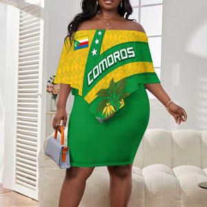 Comoros Off Shoulder Short Dress - National Flag Lemur Design and Ylang Ylang Flower Pattern