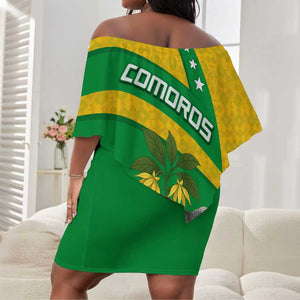 Comoros Off Shoulder Short Dress - National Flag Lemur Design and Ylang Ylang Flower Pattern