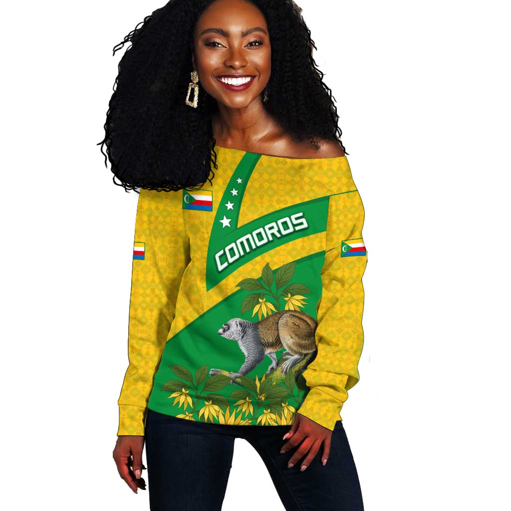 Comoros Off Shoulder Sweater - National Flag Lemur Design and Ylang Ylang Flower Pattern