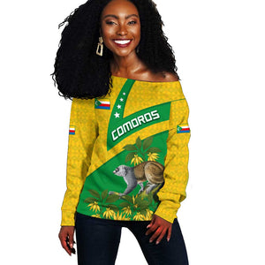 Comoros Off Shoulder Sweater - National Flag Lemur Design and Ylang Ylang Flower Pattern