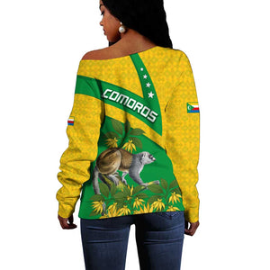 Comoros Off Shoulder Sweater - National Flag Lemur Design and Ylang Ylang Flower Pattern