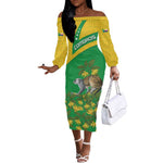 Comoros Off The Shoulder Long Sleeve Dress - National Flag Lemur Design and Ylang Ylang Flower Pattern