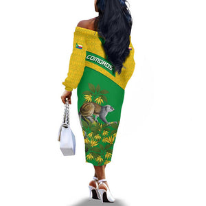 Comoros Off The Shoulder Long Sleeve Dress - National Flag Lemur Design and Ylang Ylang Flower Pattern