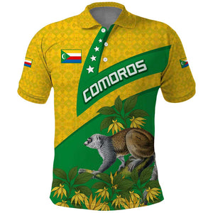Comoros Polo Shirt - National Flag Lemur Design and Ylang Ylang Flower Pattern