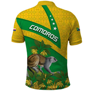 Comoros Polo Shirt - National Flag Lemur Design and Ylang Ylang Flower Pattern