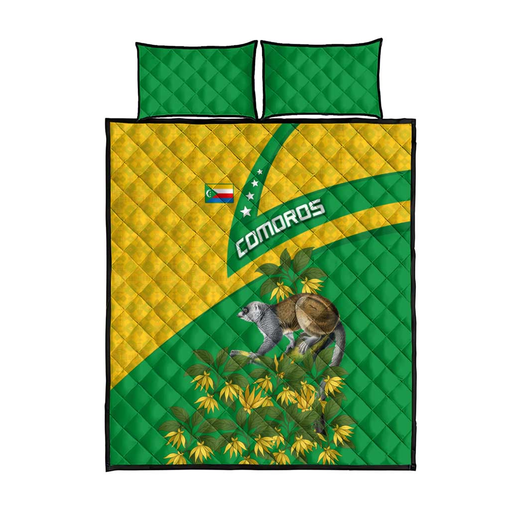 Comoros Quilt Bed Set - National Flag Lemur Design and Ylang Ylang Flower Pattern