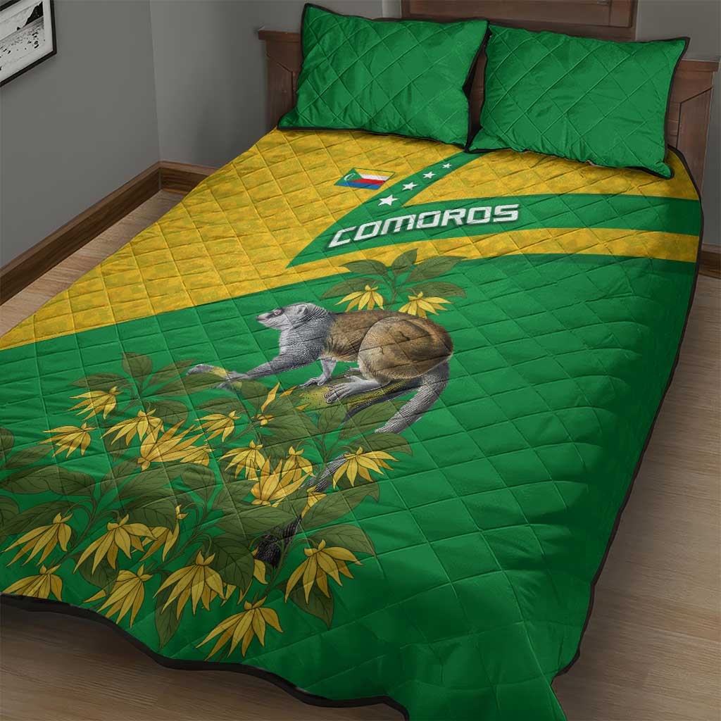 Comoros Quilt Bed Set - National Flag Lemur Design and Ylang Ylang Flower Pattern
