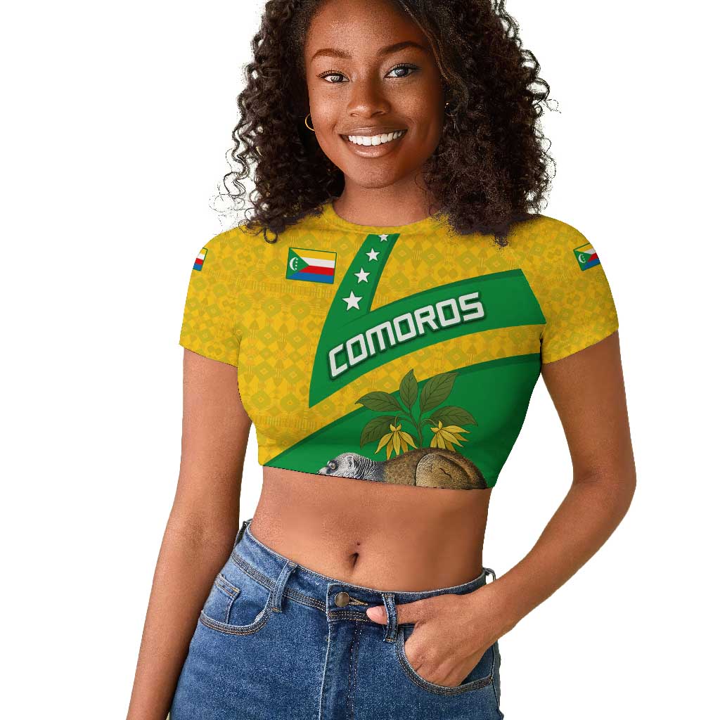 Comoros Raglan Cropped T shirt - National Flag Lemur Design and Ylang Ylang Flower Pattern