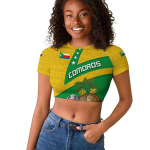 Comoros Raglan Cropped T shirt - National Flag Lemur Design and Ylang Ylang Flower Pattern