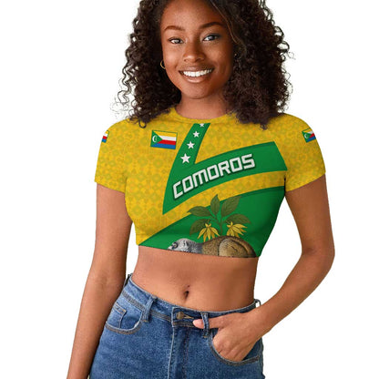 Comoros Raglan Cropped T shirt - National Flag Lemur Design and Ylang Ylang Flower Pattern
