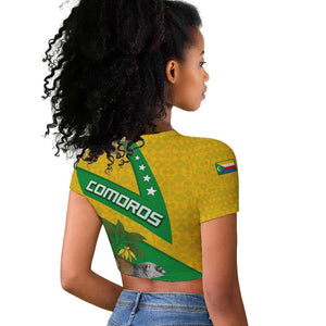 Comoros Raglan Cropped T shirt - National Flag Lemur Design and Ylang Ylang Flower Pattern
