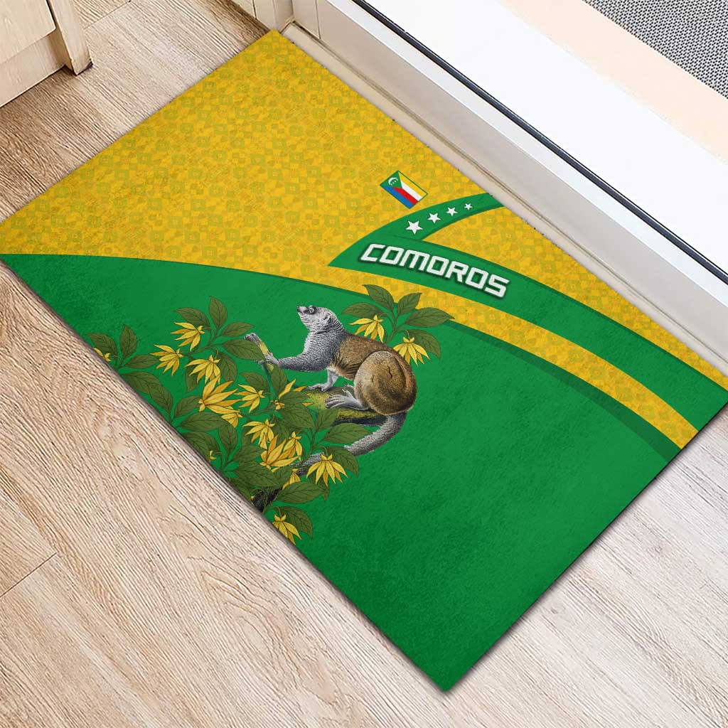 Comoros Rubber Doormat - National Flag Lemur Design and Ylang Ylang Flower Pattern