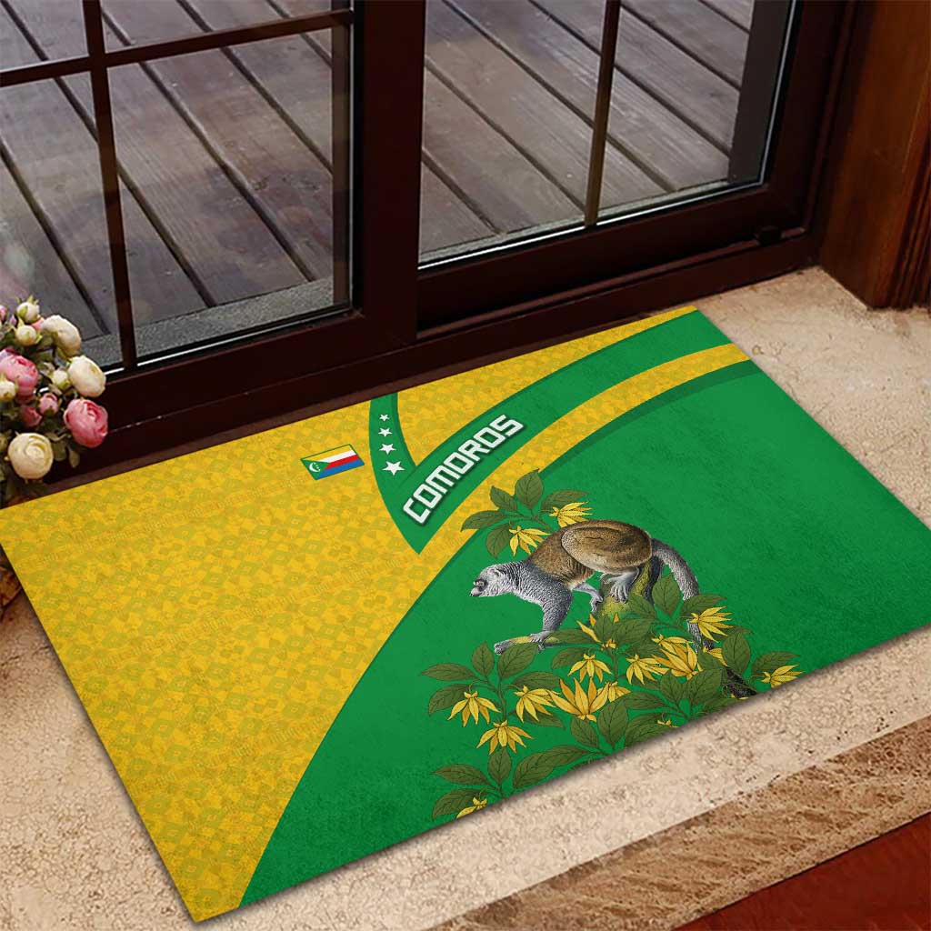 Comoros Rubber Doormat - National Flag Lemur Design and Ylang Ylang Flower Pattern