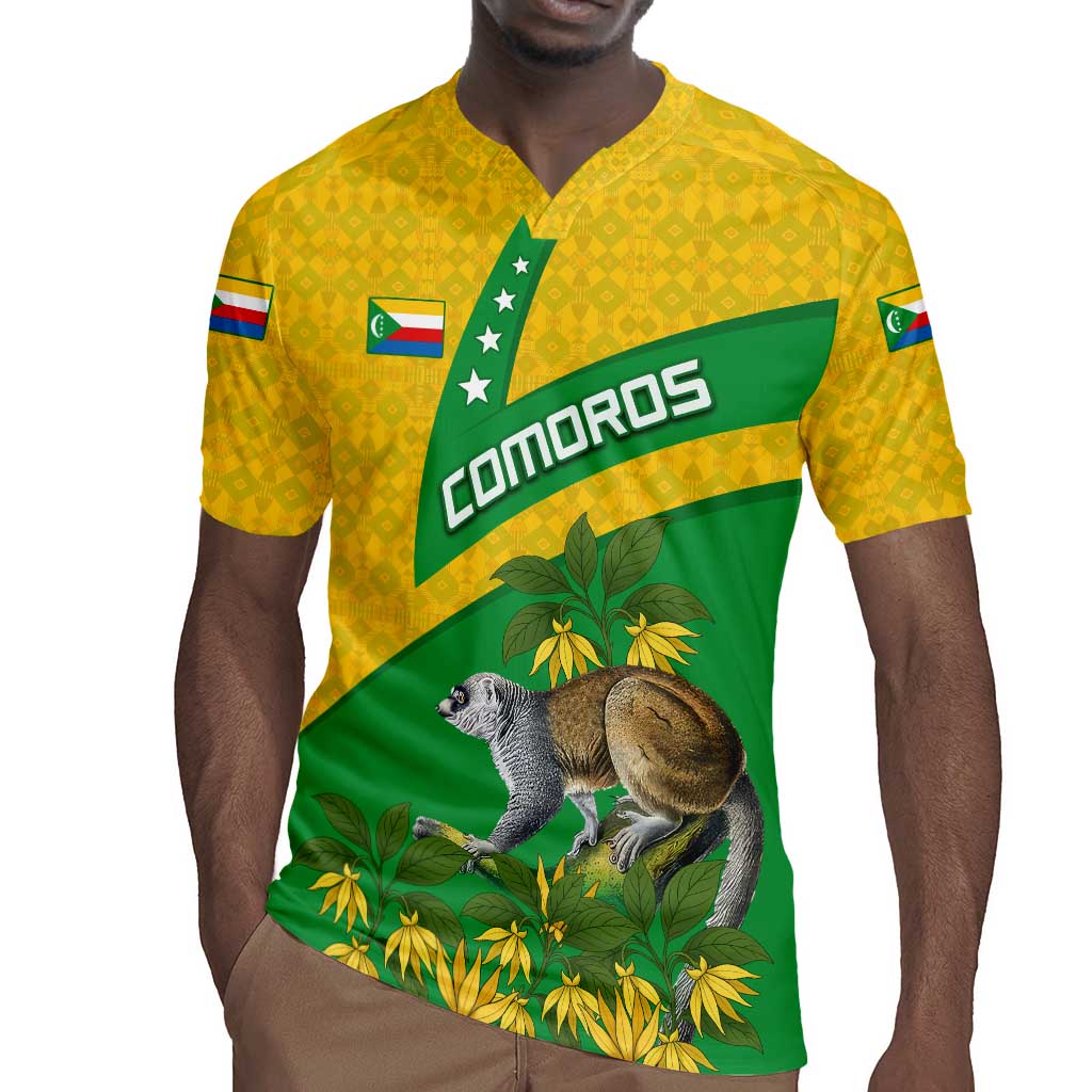 Comoros Rugby Jersey - National Flag Lemur Design and Ylang Ylang Flower Pattern