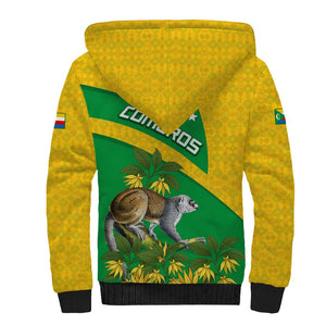 Comoros Sherpa Hoodie - National Flag Lemur Design and Ylang Ylang Flower Pattern