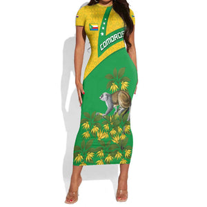Comoros Short Sleeve Bodycon Dress - National Flag Lemur Design and Ylang Ylang Flower Pattern TS04