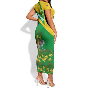 Comoros Short Sleeve Bodycon Dress - National Flag Lemur Design and Ylang Ylang Flower Pattern TS04