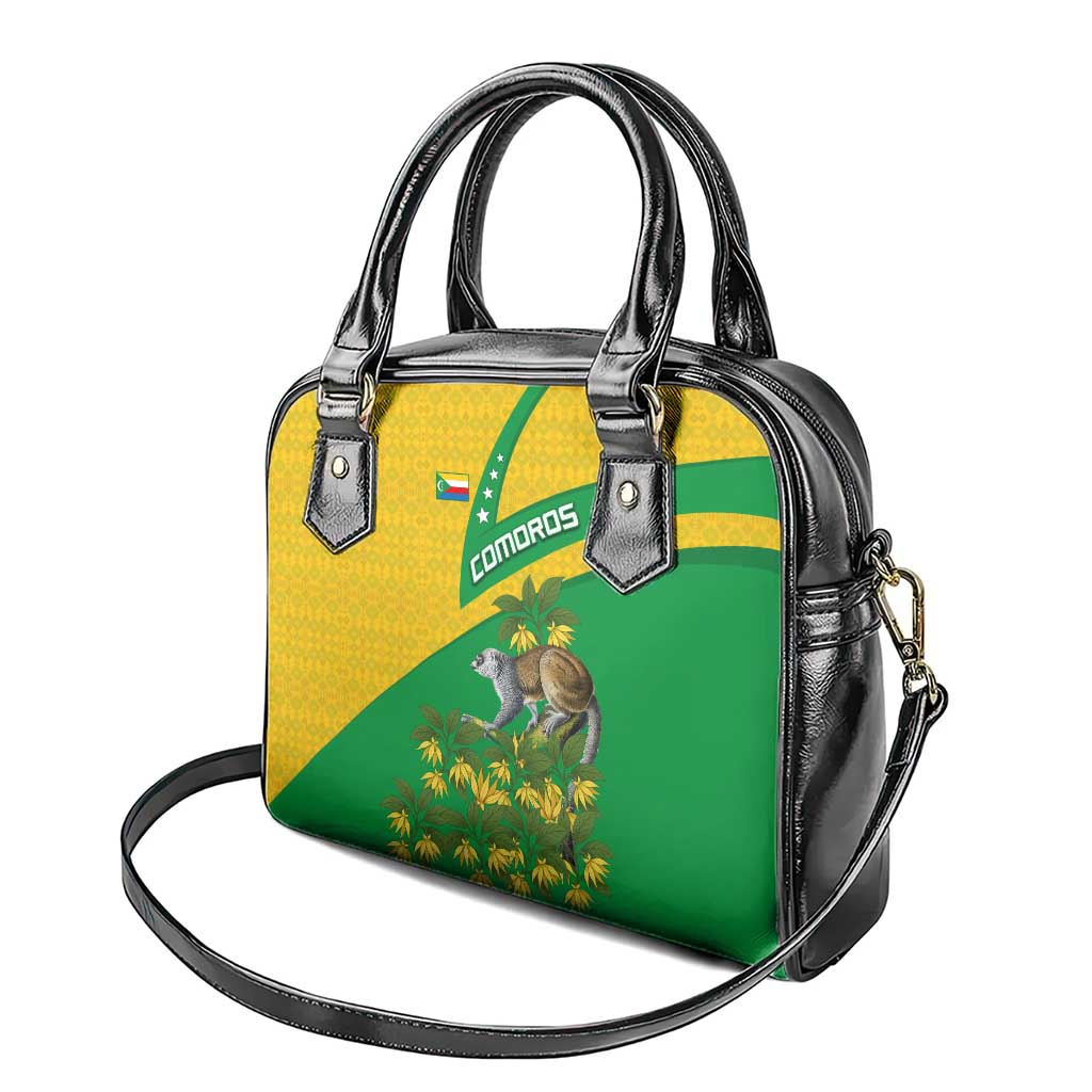 Comoros Shoulder Handbag - National Flag Lemur Design and Ylang Ylang Flower Pattern