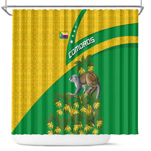 Comoros Shower Curtain - National Flag Lemur Design and Ylang Ylang Flower Pattern