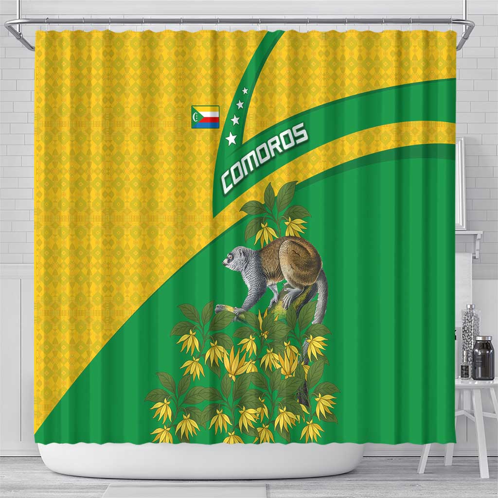 Comoros Shower Curtain - National Flag Lemur Design and Ylang Ylang Flower Pattern